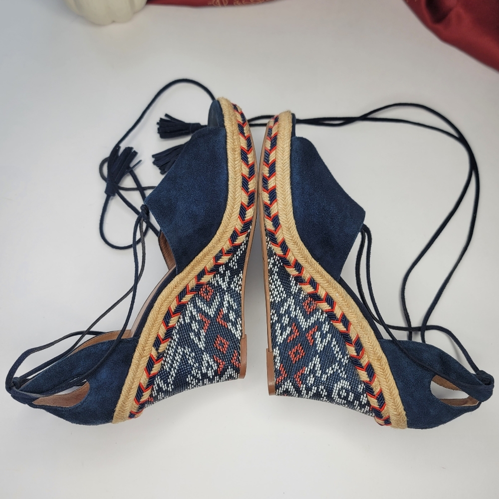 Cabi Wedge Sandals Blue Boho Ankle Wrap Size 9